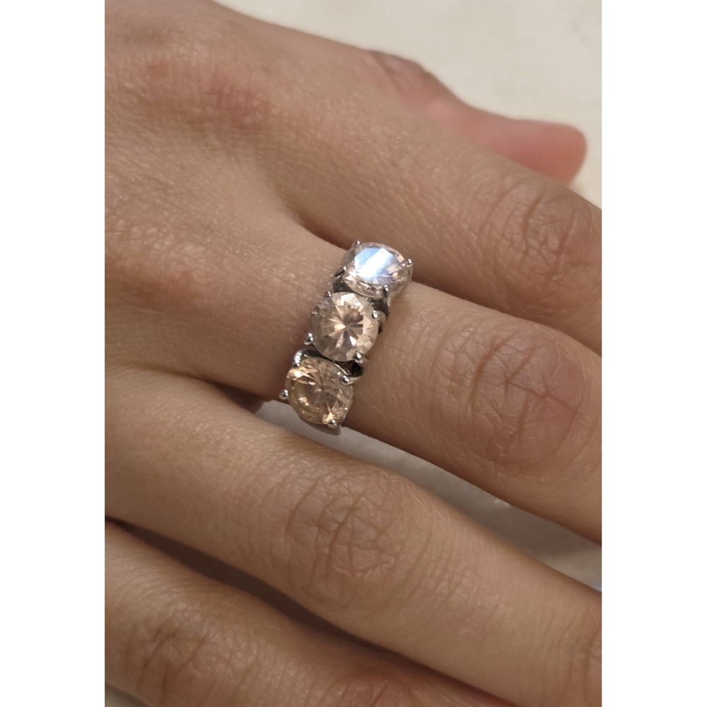 Vintage Sterling Silver Round Pink Cubic Zirconia Trilogy Ring Size 7 - Picture 5 of 7